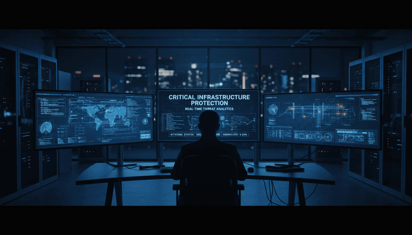 Security professional monitoring critical infrastructure networks in a modern operations centre