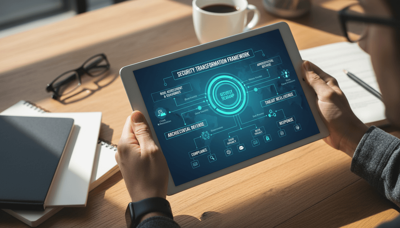 Security consultant reviewing cyber security roadmap on tablet