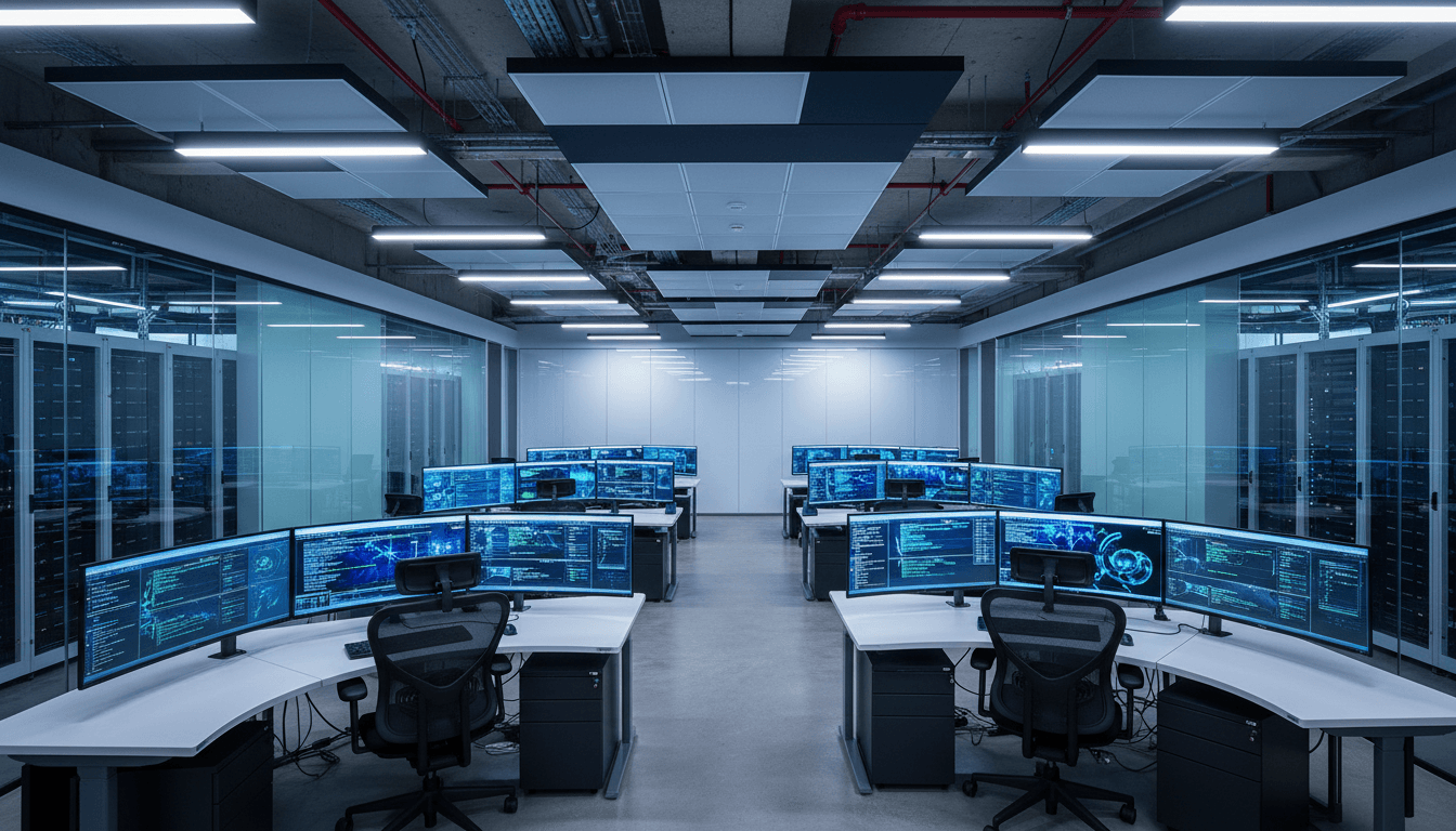 Cybersecurity operations center with multiple monitors displaying security dashboards and network data visualization