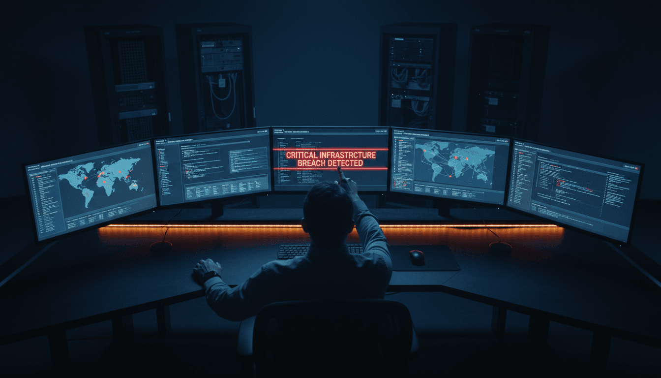 Security professional monitoring critical infrastructure dashboards with focused intensity