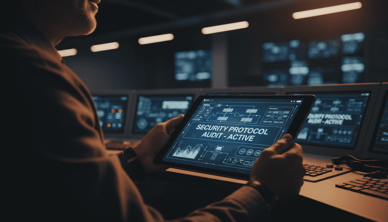 Infrastructure security professional reviewing cyber protocols on tablet in control room
