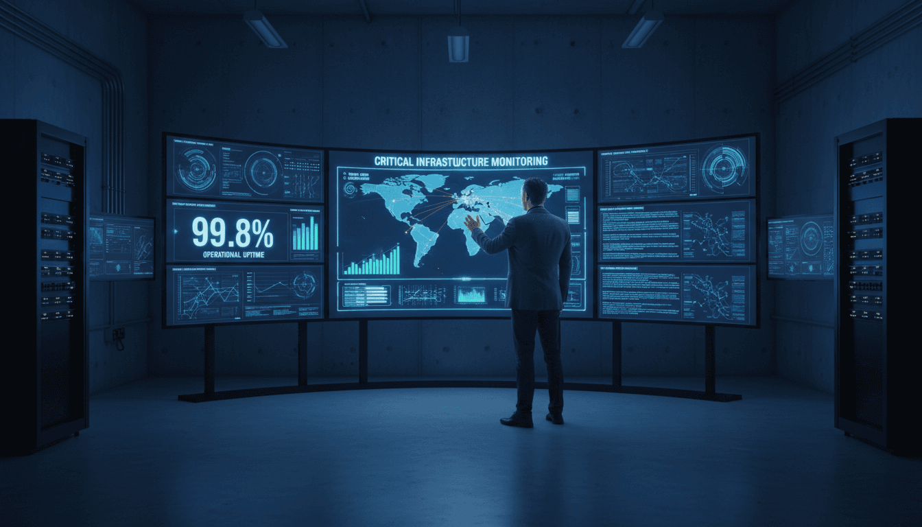 Cyber security professional monitoring critical infrastructure dashboards