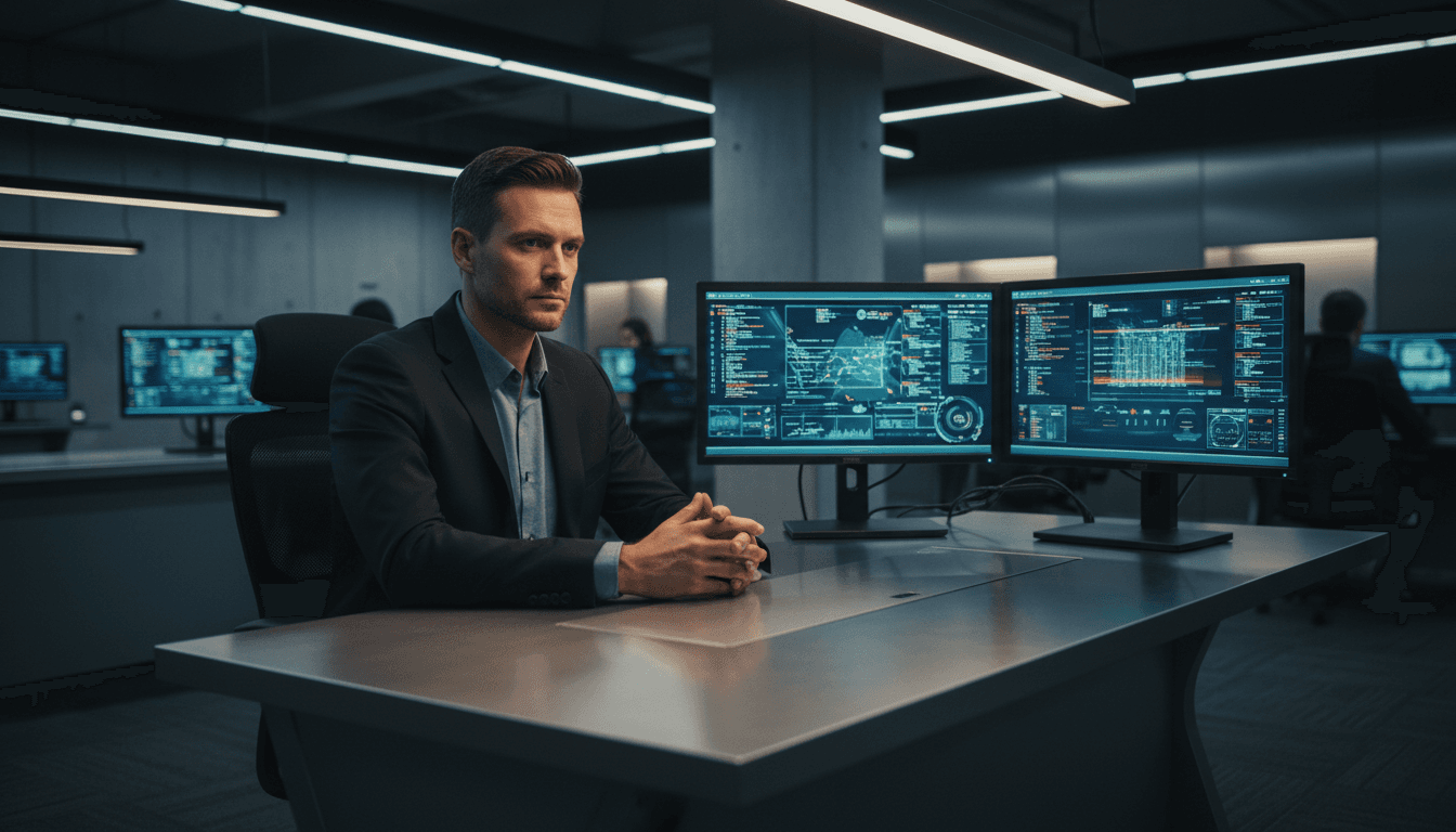 Cyber security professional monitoring critical infrastructure security systems at operations center