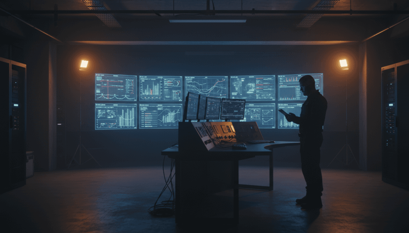 Cybersecurity professional monitoring network security in a critical infrastructure control room