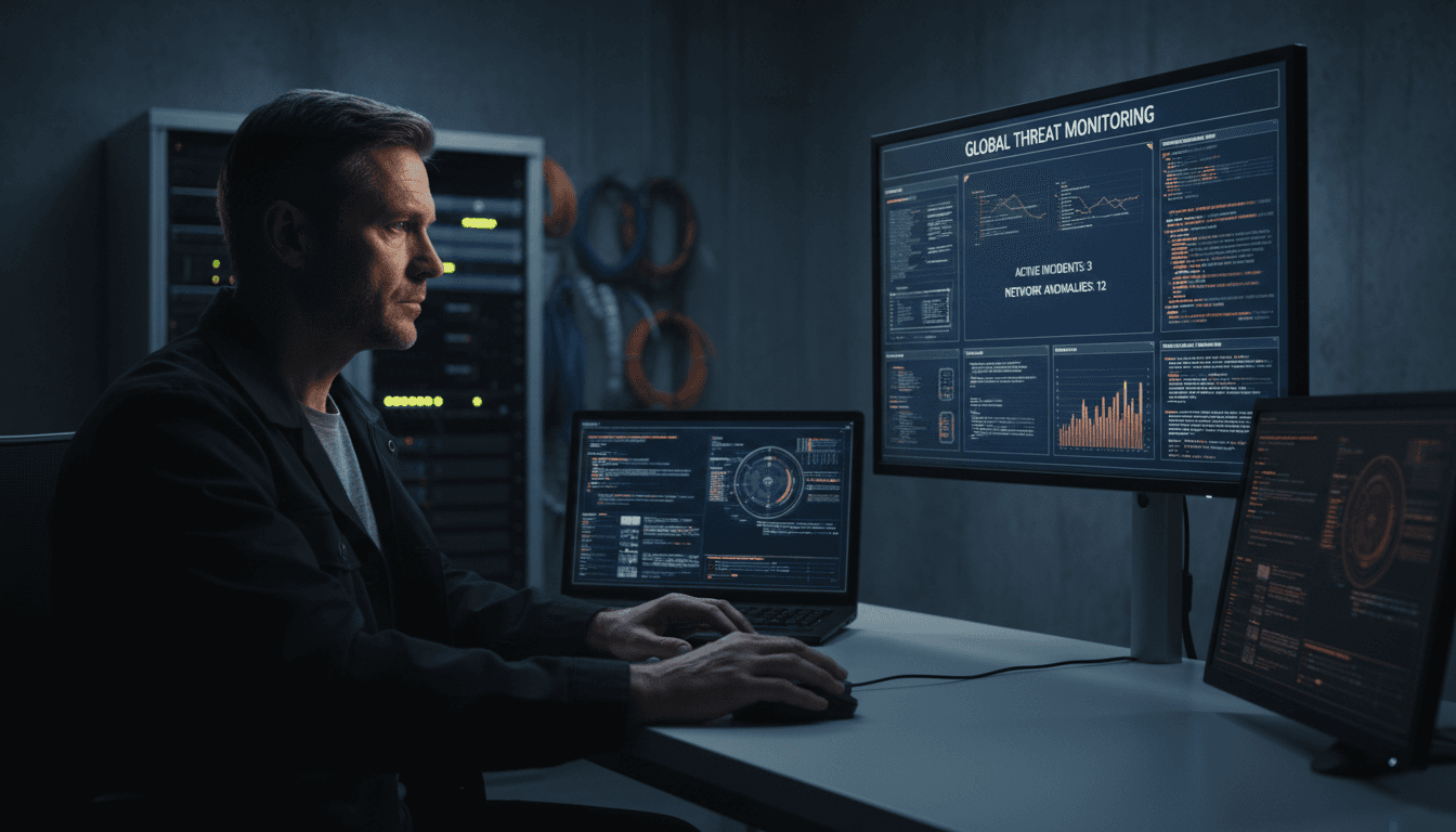 Security engineer monitoring infrastructure dashboards in operations centre