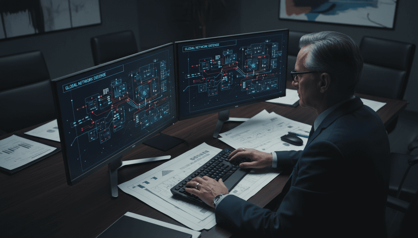 Cyber security strategist reviewing infrastructure diagrams on monitor