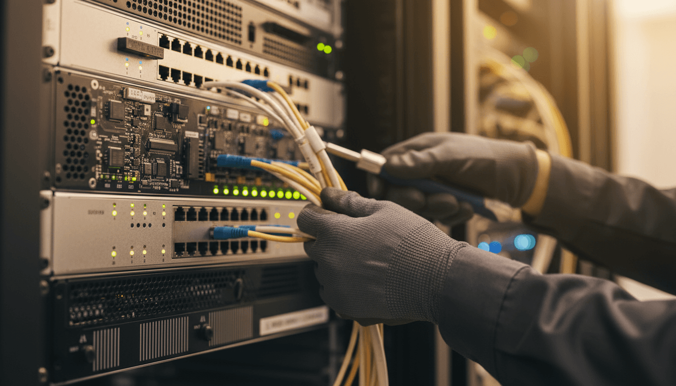 Close-up of technician's hands working on server and network security infrastructure in data center
