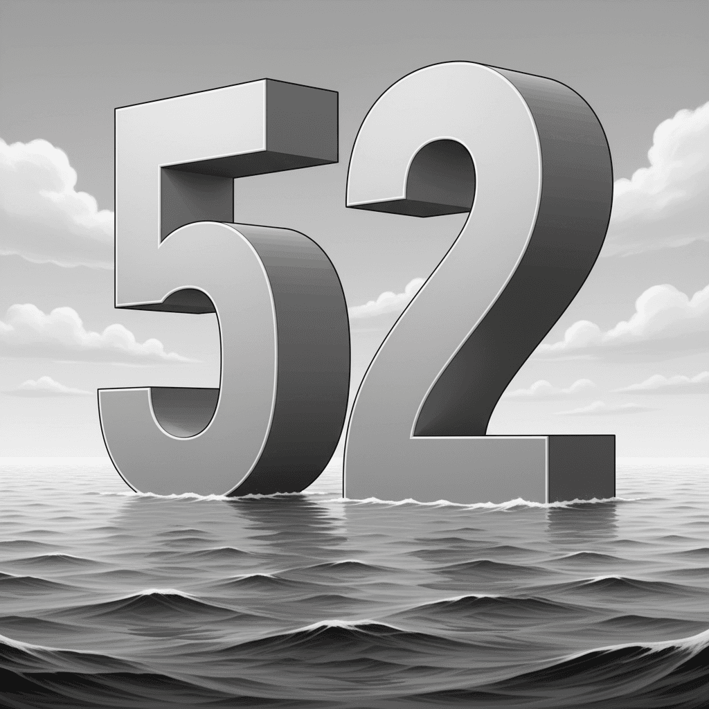 Large grayscale 3D number 52 rising from a wavy ocean under a cloudy sky.