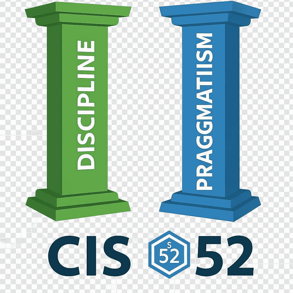 Green pillar labeled Discipline and blue pillar labeled Praggmatiism above the text CIS 52.