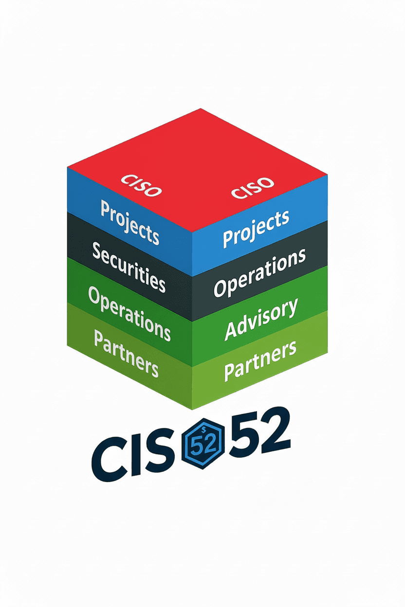 Isometric cube with CISO, Projects, Securities, Operations, Advisory, and Partners layers above CIS 52.